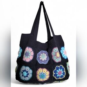 Hand Crafted Black Tote with Colorful Crochet Flowers
